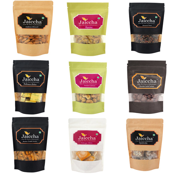 Mother's Day Gift - Best of 9 Almonds, Raisins, Banarsi Paan, MEWA Bites, Barbeque Cashews, Chocolate Coated Almonds, Butter Chakli Sticks, Mango Bites and Sugarfree Bites