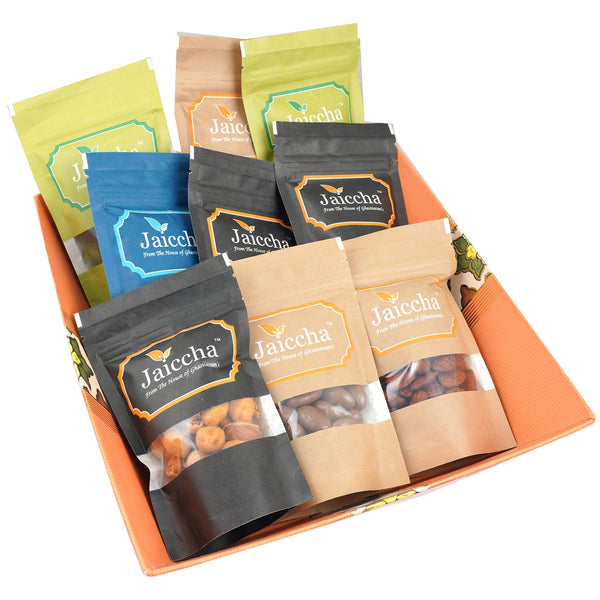 Mother's Day Gift - Big basket of 9 Dryfruits Cashews, Almonds, Raisins, Pista, Papaya, Kiwi, Peri Almonds, Barbeque Cashews, Chocolate Almonds