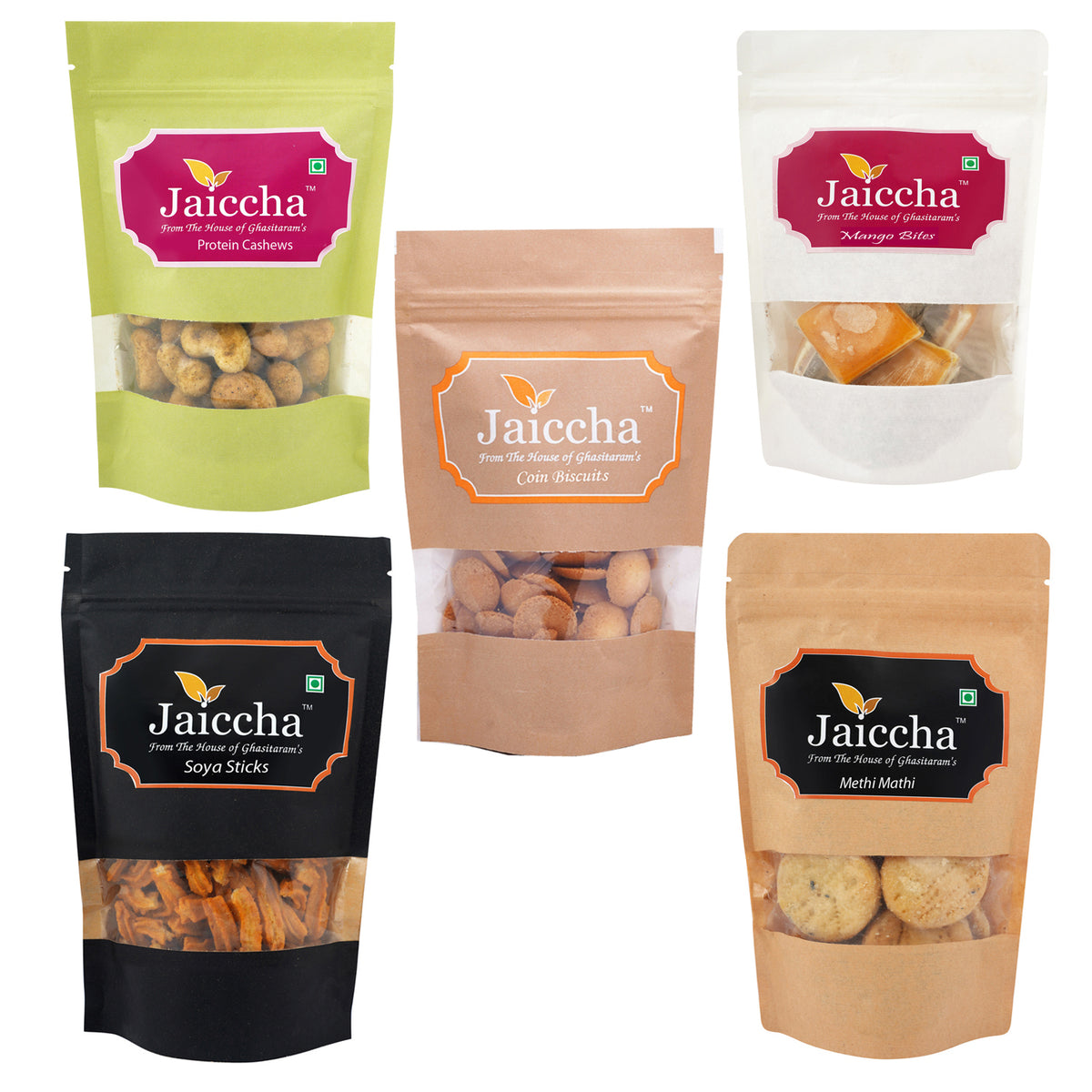 Mother's Day Gift - Best of 5 SOYA Sticks Pouch, Coin Biscuits Pouch, Methi Mathi Pouch, Barbeque Cashews Pouch, Mango Bites Pouch