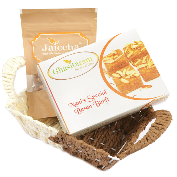 Mother's Day Gift-Small Metal Brown Basket of Besan Barfi and Almonds 