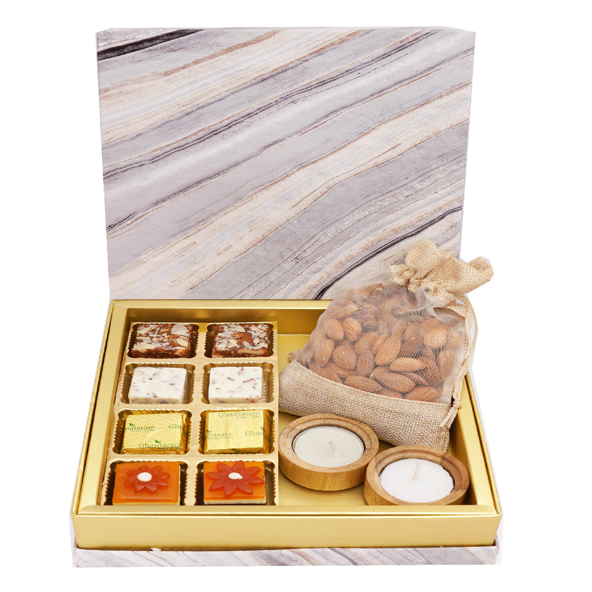 Mothers Day Sweets-Marble Box Assorted Bites, 2 Wooden T-lites and Almonds Pouch