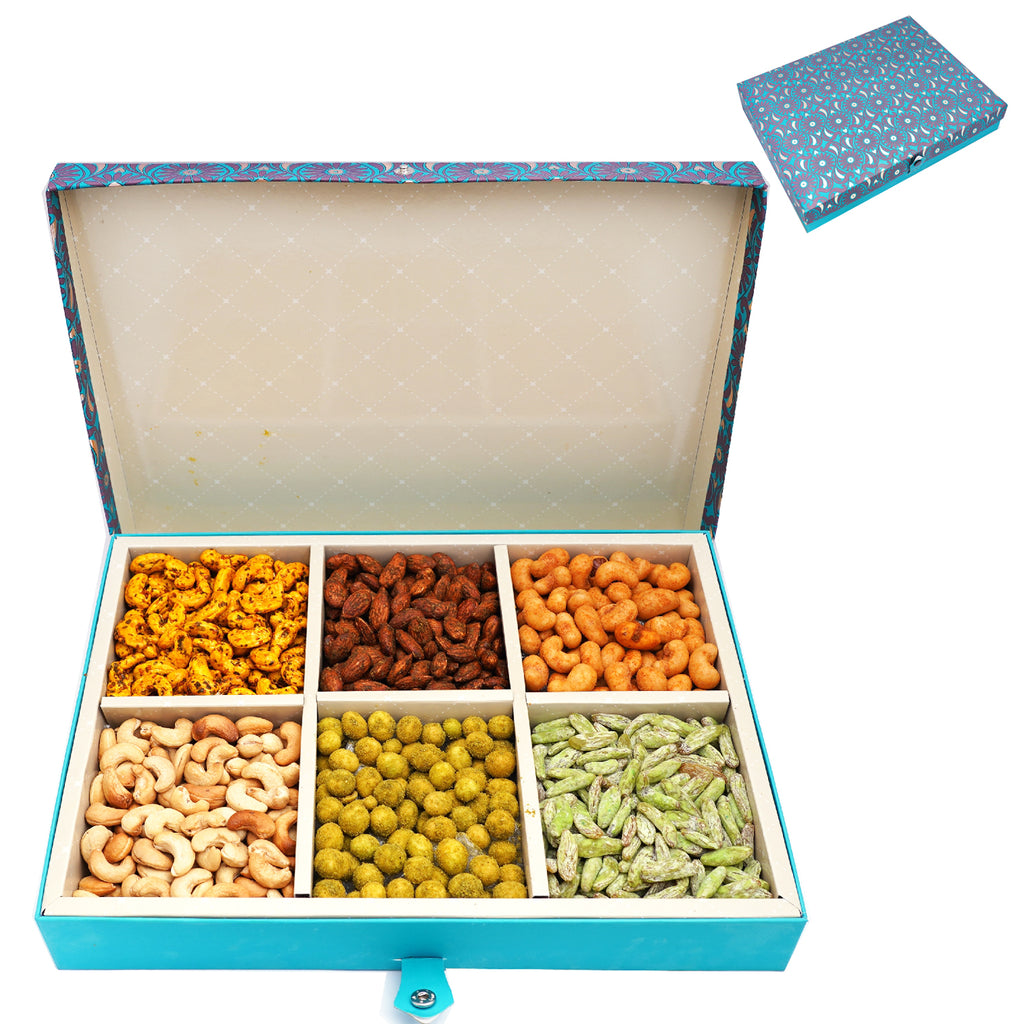 Mothers Day Gifts-Blue 6 Part Flavoured Nuts Box 900 gms