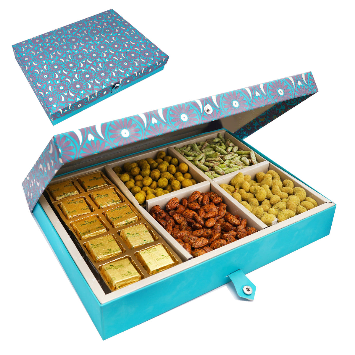 Mothers Day Gifts-Blue 6 Part of Mewa Bits 10 pcs, Crunchy Cashews, Crunchy Peanuts, Peri Peri Almonds, Paan Raisins