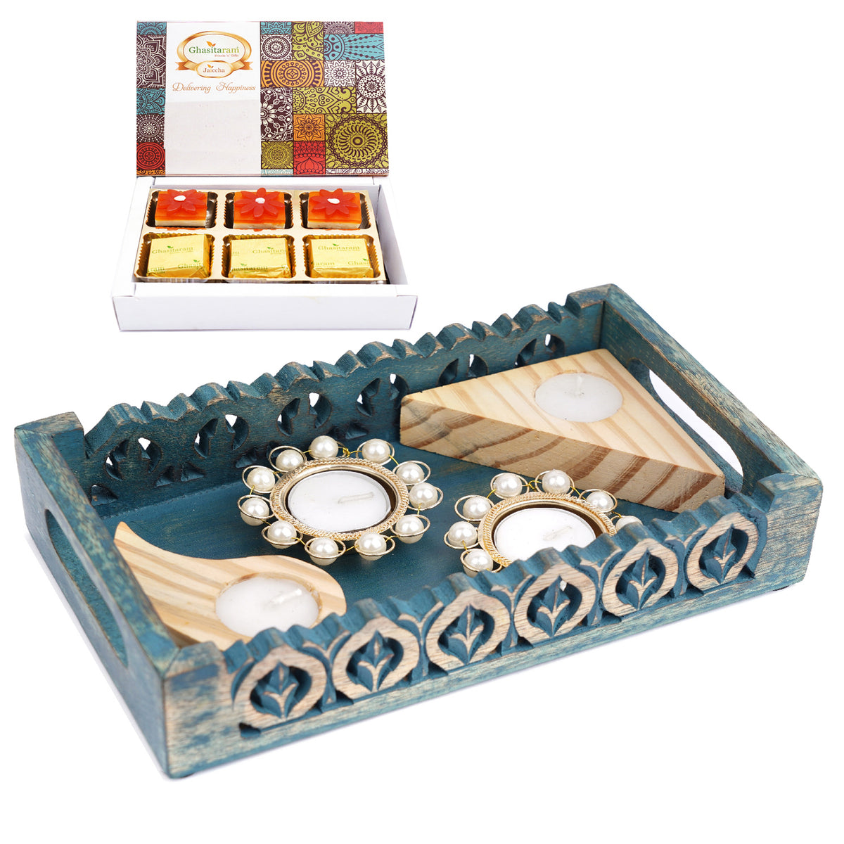 Mothers Day Gift-Blue Wooden Serving Tray with 4 T-lites and Assorted Bites Box 6 Pcs