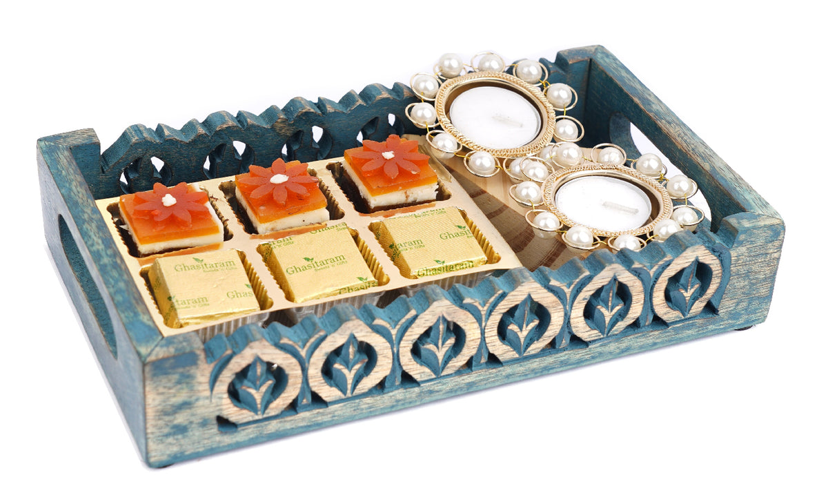 Mothers Day Gift-Blue Wooden Serving Tray with 6 Assorted Bites and T-lItes