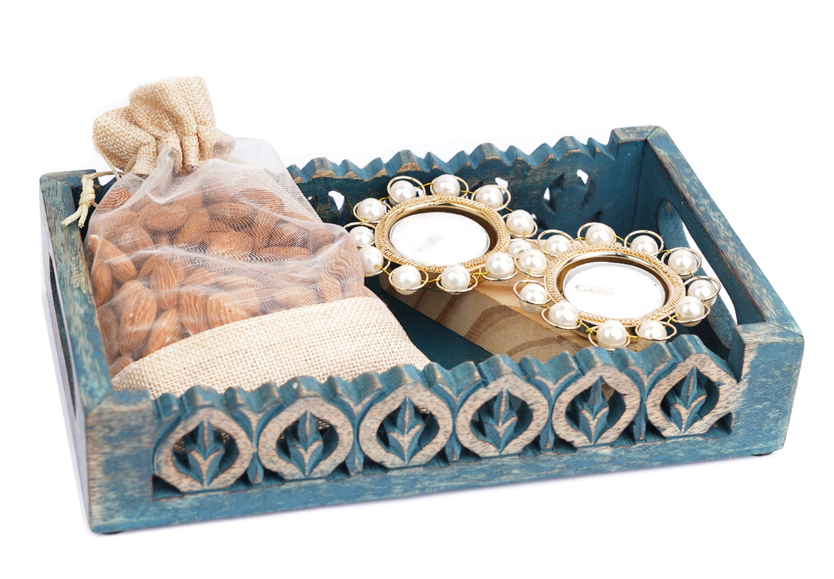 Mothers Day Gift-Blue Wooden Serving Tray with Jute Potli Almonds and T-lites
