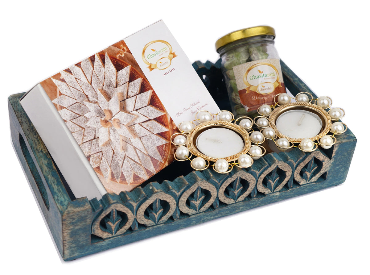 Mothers Day Gift-Blue Wooden Serving  Tray with Kaju Katlis, Paan Raisins and T-lItes 