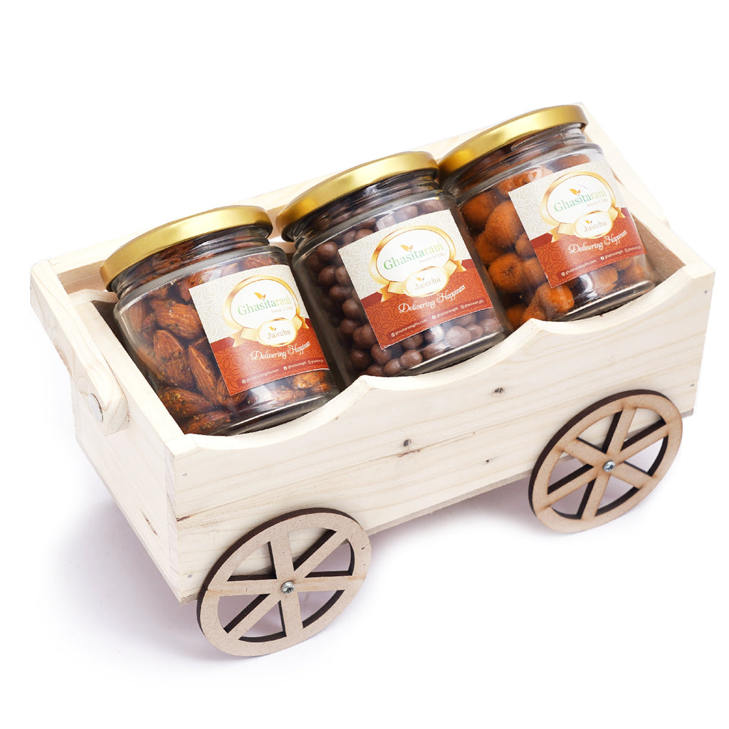 Mothers Day Gift-Natural Wooden Cart with Chocolate Coated Butterscotch, Crunchy Coated Cashews and Peri Peri Almonds Jars