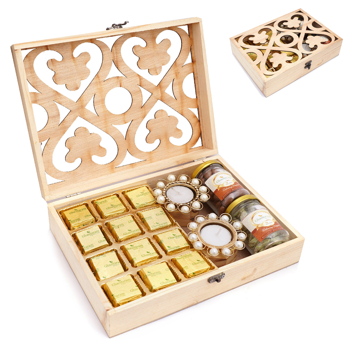 Mothers Day Gift-Natural Wood Carving Box Big with Mewa Bites 12 pcs, 2 Pearl T-Lites, Chocolate Coated Almonds Jar and Paan Raisins Jar