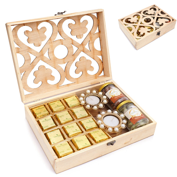 Mothers Day Gift-Natural Wood Carving Box Big with Mewa Bites 12 pcs, 2 Pearl T-Lites, Chocolate Coated Almonds Jar and Paan Raisins Jar