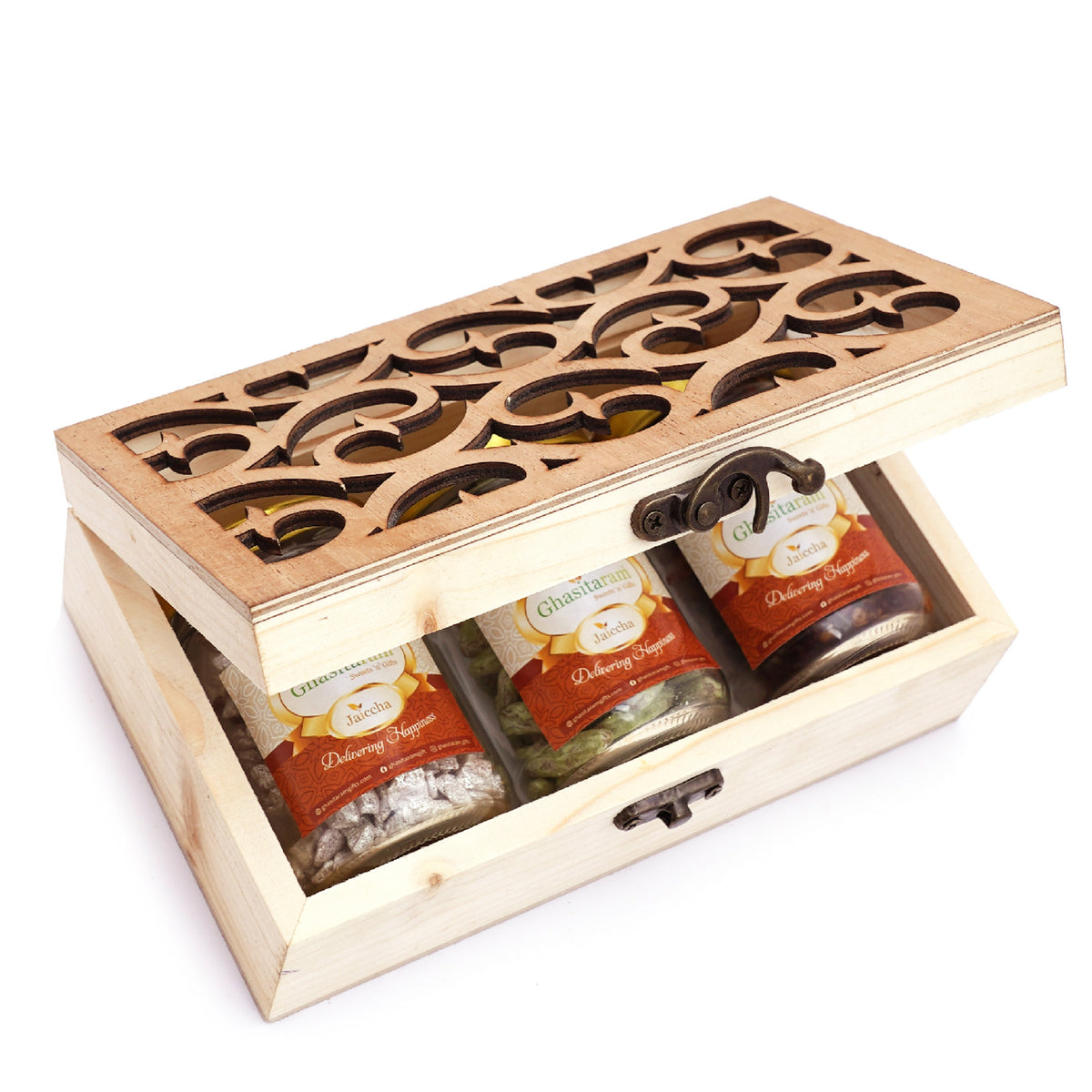 Mothers Day Gift-Natural Wood Carving Box with Paan Raisins, Silver Supari and Banarsi Paan