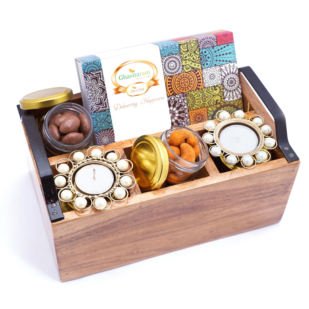 Mothers Day Gift-Wooden Cutlery Stand with T-lites, Bites, Crunchy Cashews, Chocolate Coated Almonds