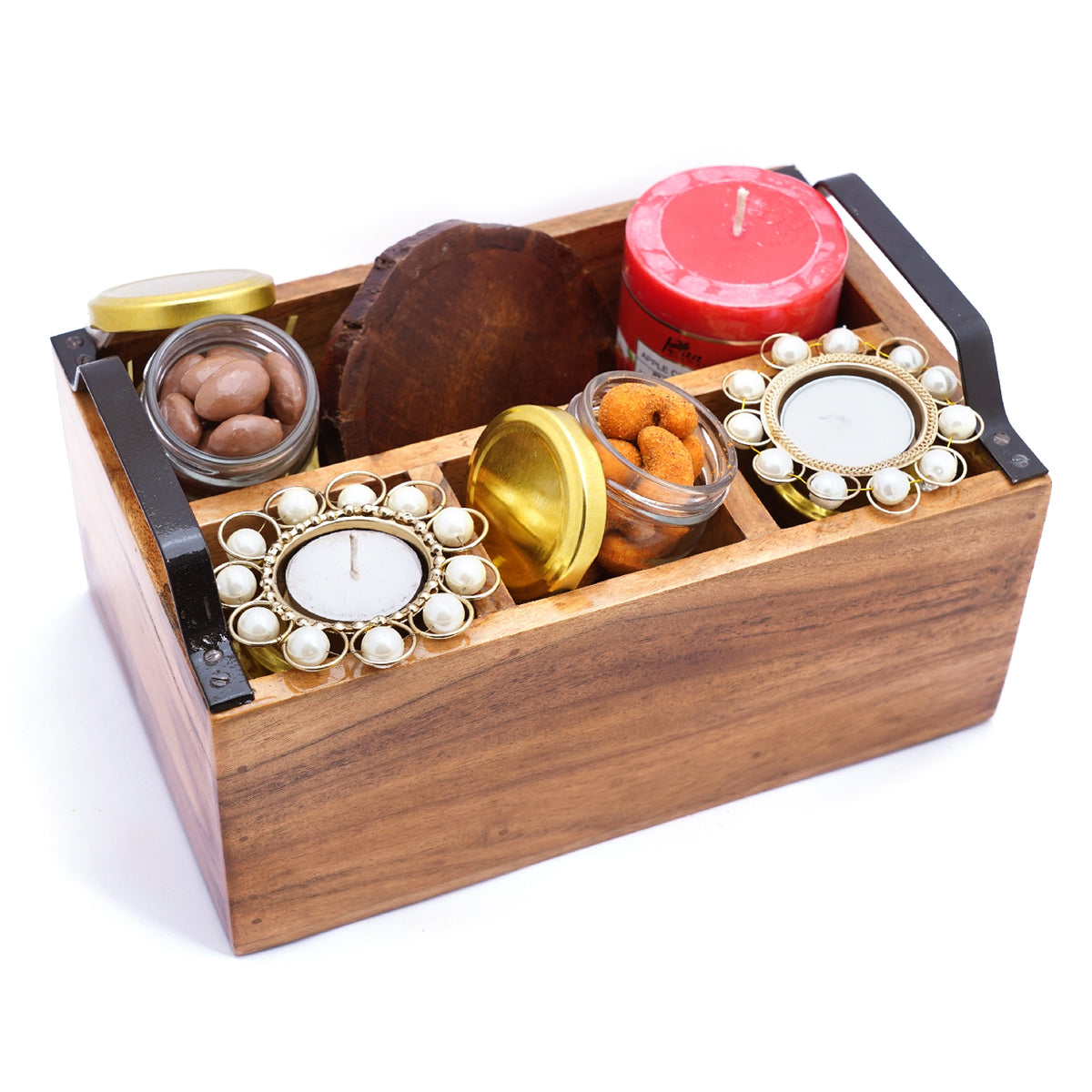 Mothers Day Gift-Wooden Cutlery Stand with T-lites, crunchy Cashews, Chocolate Coated Almonds,Wooden Coasters and Scented Candle