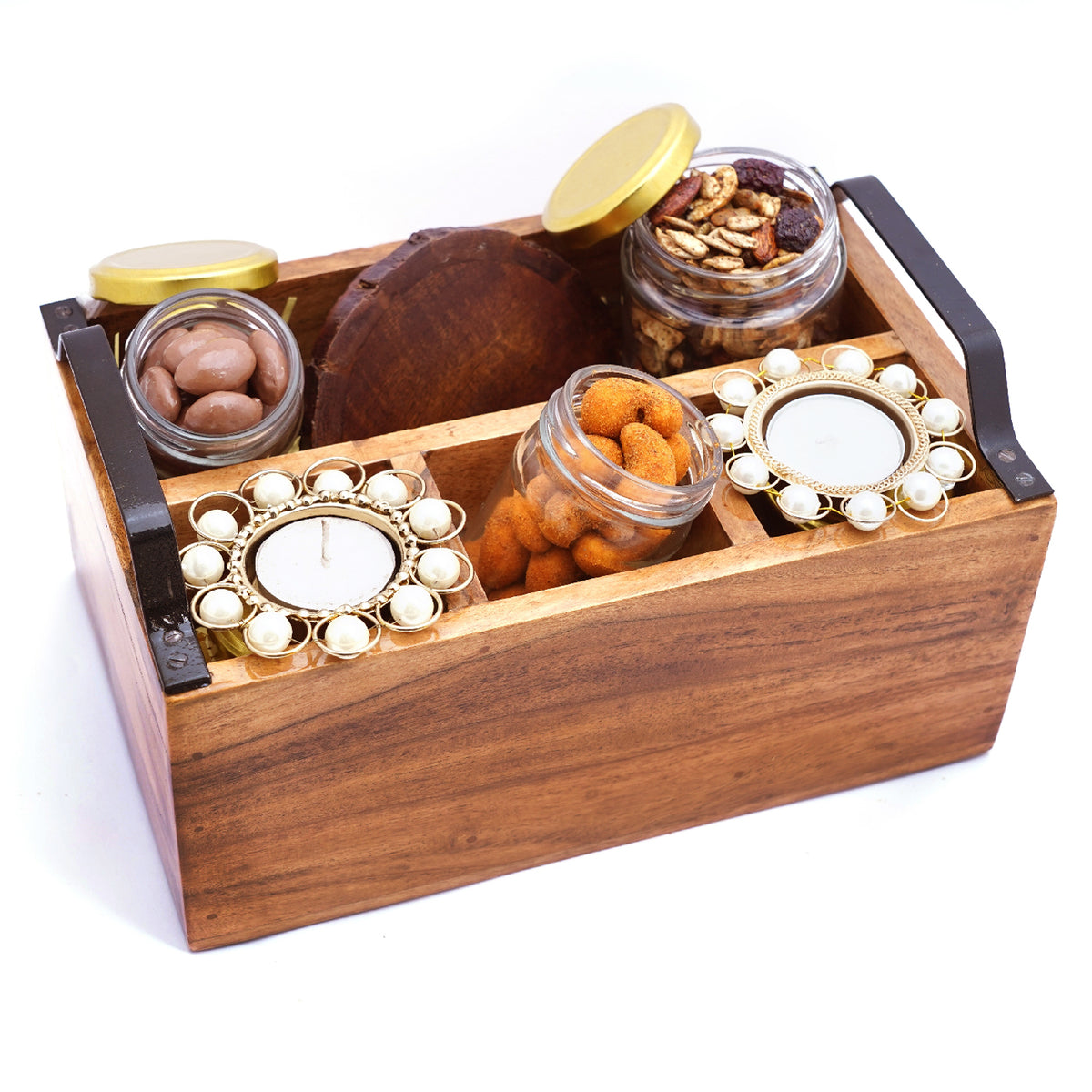 Mothers Day Gift-Wooden Cutlery Stand with T-lites,Mixed Dryfruit, crunchy Cashews, Chocolate Coated Almonds and Wooden Coasters