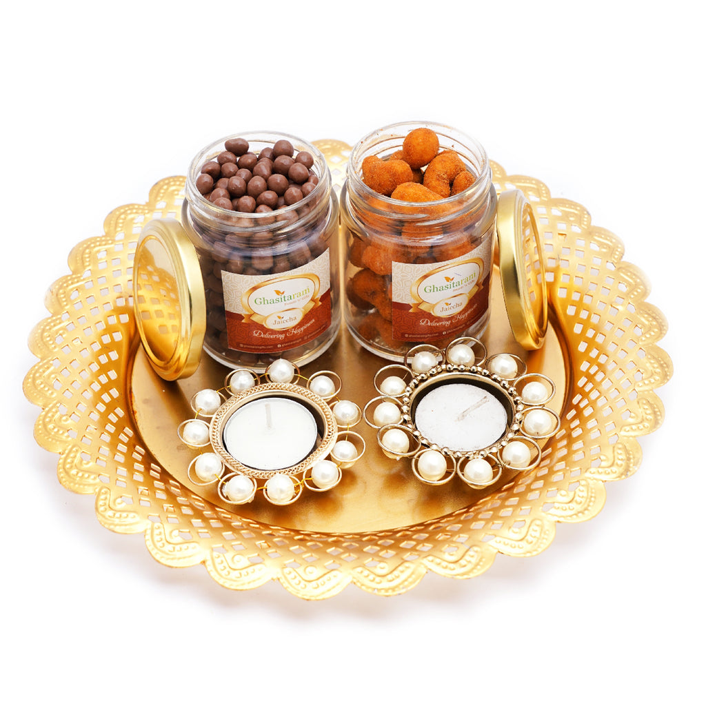 Mothers Day Gift-Golden thali with2 T-Lites, Chocoalte Coated Butterscotch and Crunchy Coated Cashews jar