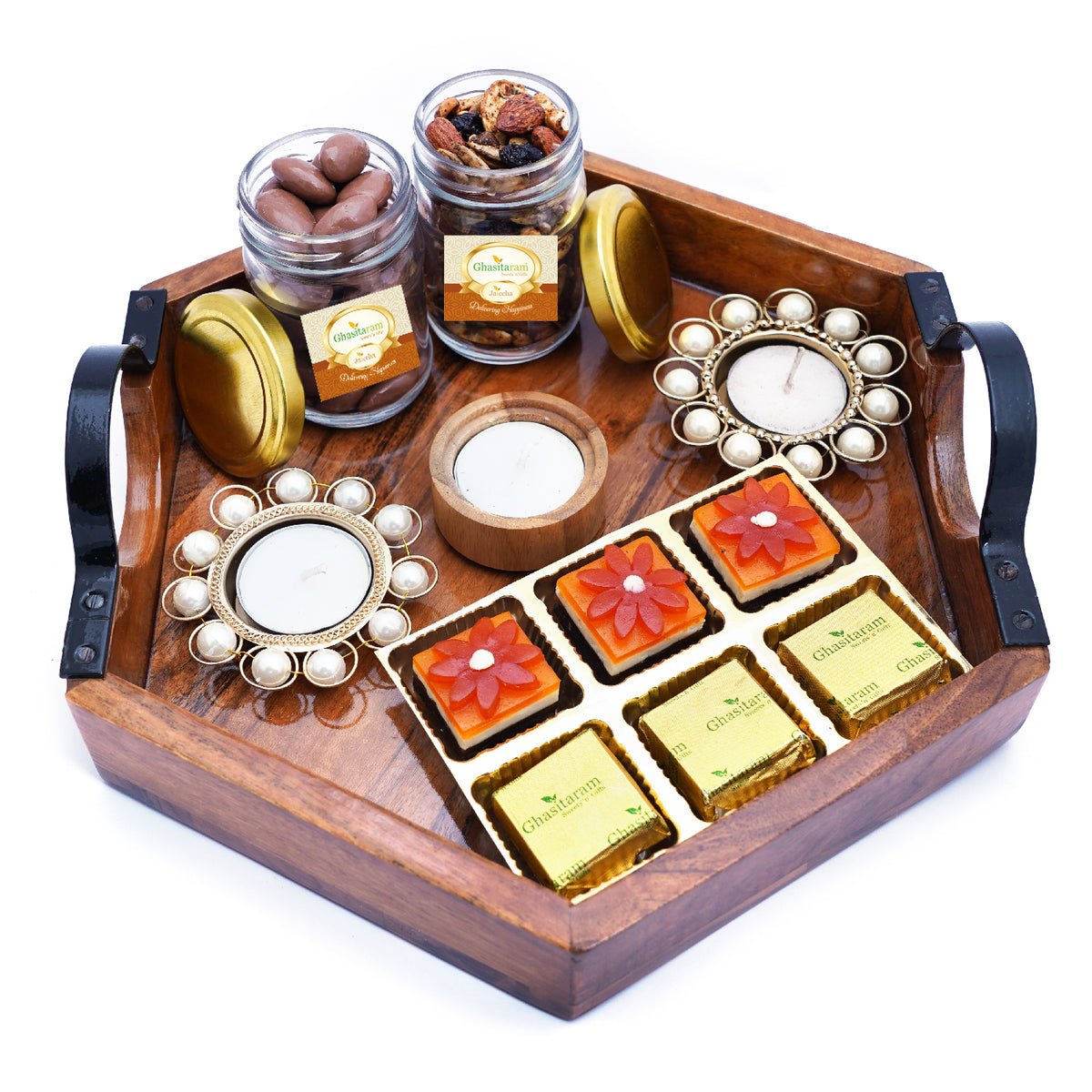 Mothers Day Gift-Hexagon Tray with 6 Assorted Bites, T-lites, Chocolate Coated Almonds and Mixed Dryfruit Jars