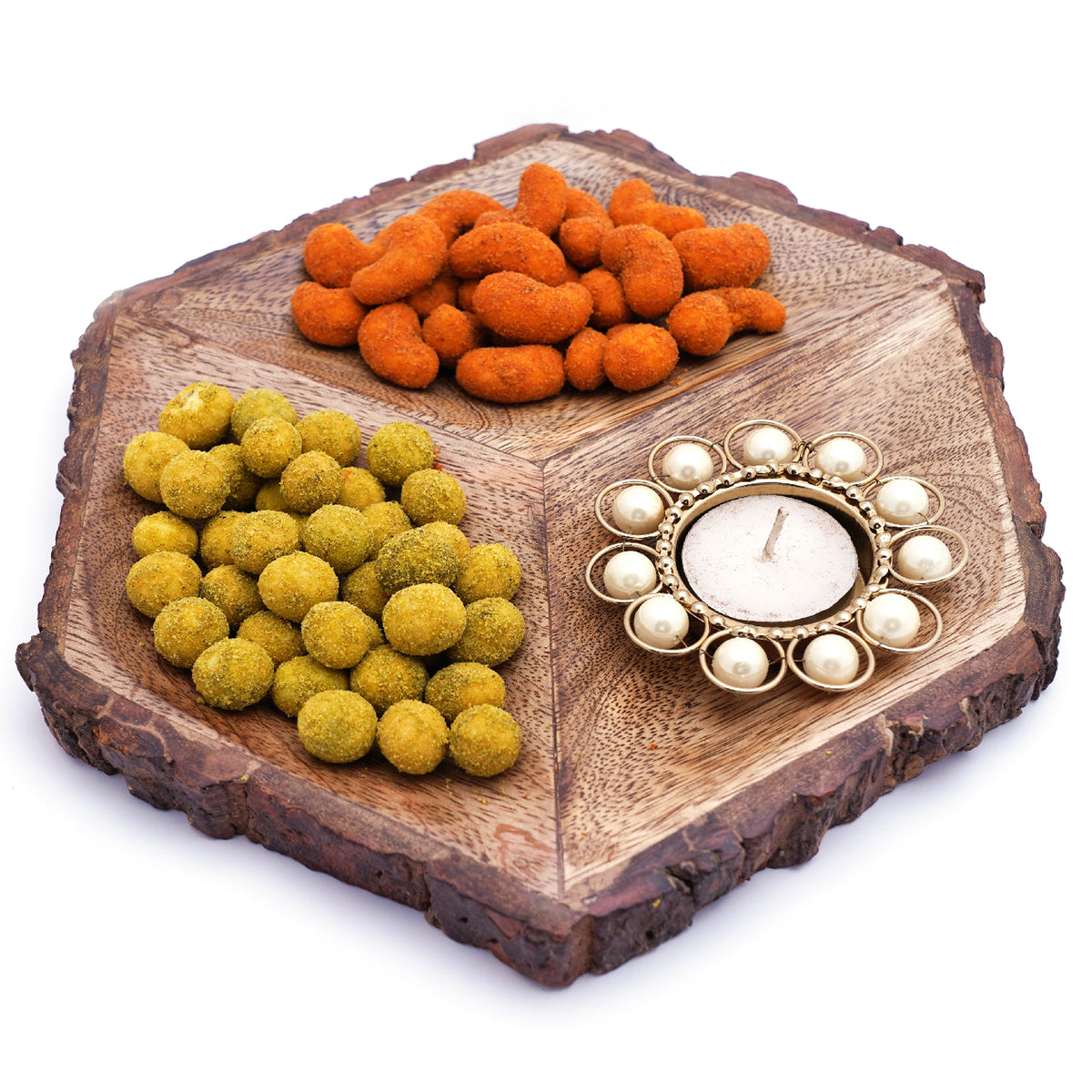 Mothers Day Gifts-Hexagon Log Platter with crunchy Peanuts, crunchy Cashews and a Pearl T-lite