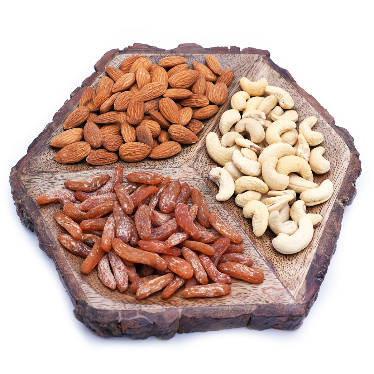 Mothers Day Gifts-Hexagon Log Platter with Cashews Almonds and Chilly Raisins