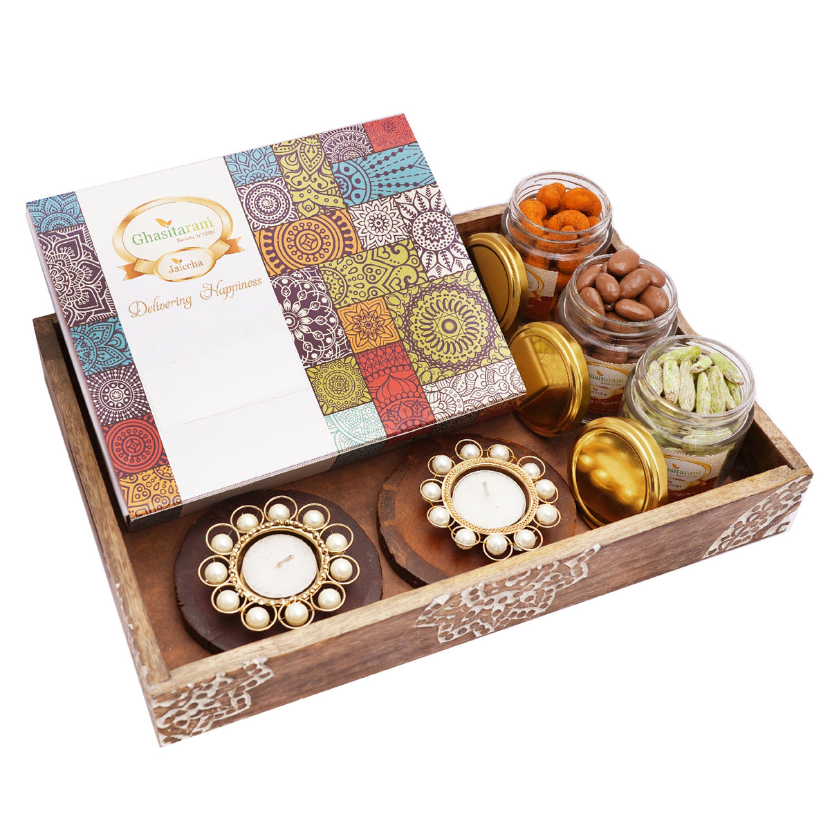 Mothers Day Gift-Wooden Tray with Coasters and T-lites, Crunchy Coated Cashews, Chocolate Coated Almonds, Paan Raisins, Kaju Katlis 400 gms