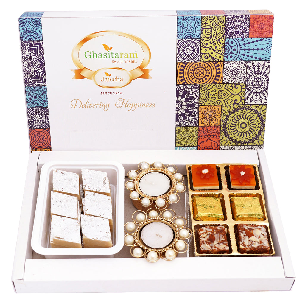 Mother's Day Gift-Assorted Festive Box of Kaju Katli, Assorted Bites and T-Lites