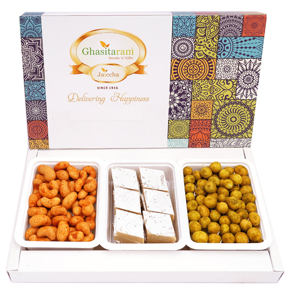 Mother's Day Gift-Assorted Festive Box of Kaju Katli, Crunchy Cashews, Crunchy Peanuts