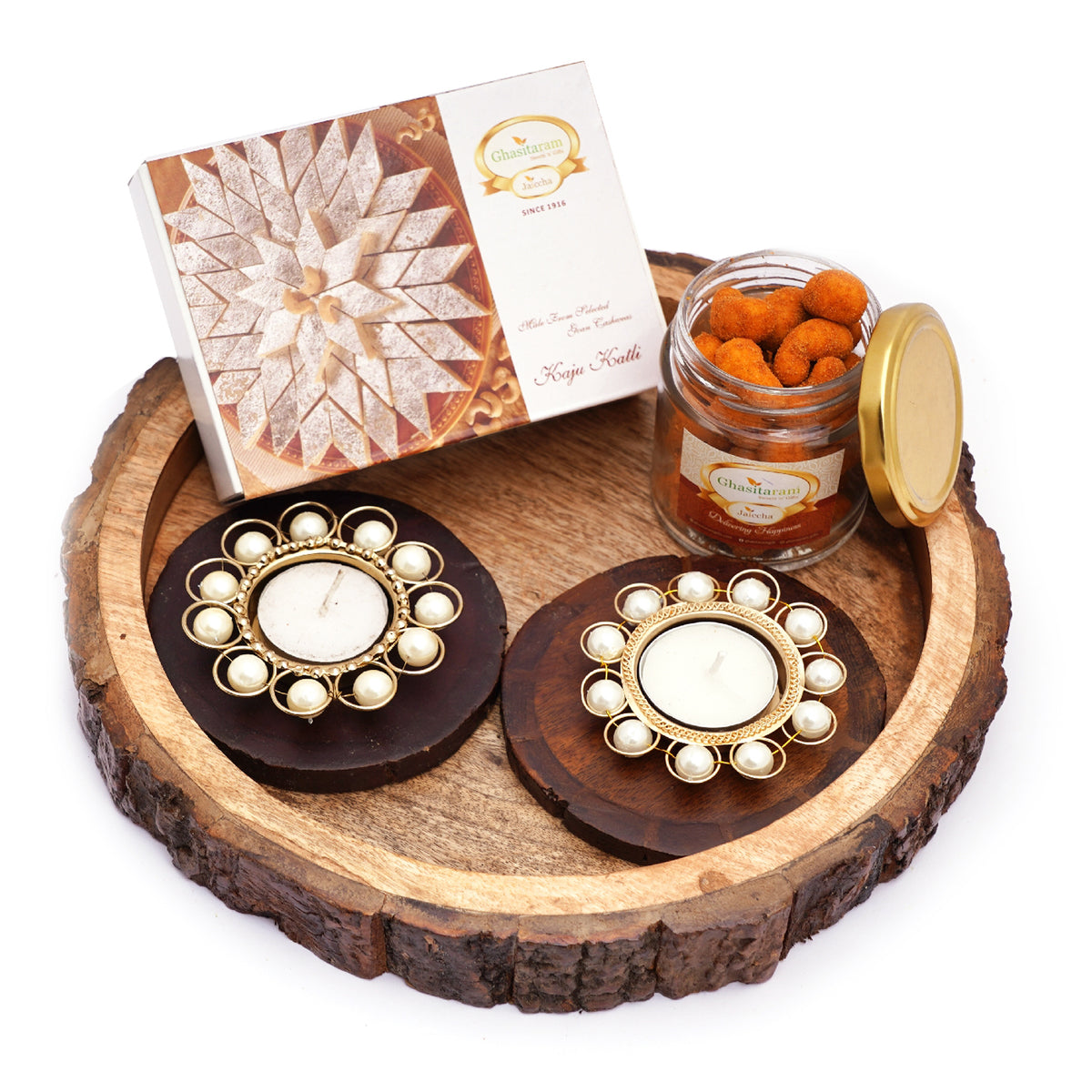 Mothers Day Gift-Log Platter with Coasters, T-Lites,  Crunchy Coated Cashews Jar and Kaju Katli