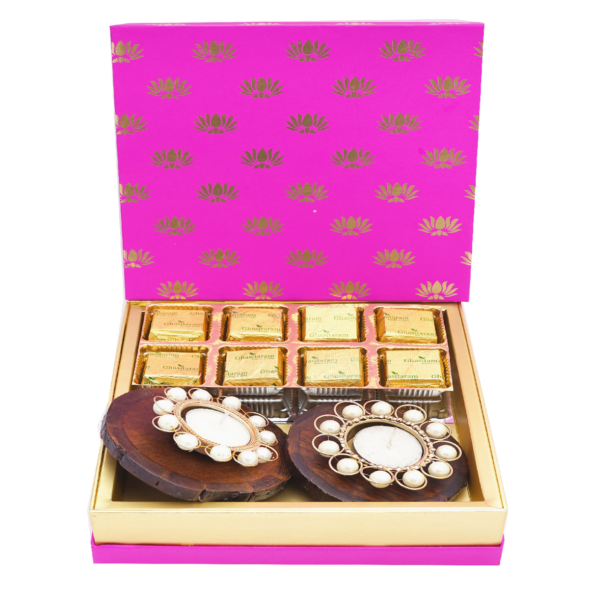Mothers Day Sweets-Festive Pink  Box of Mewa Bites, 2 wooden Coasters and 2 T-lites