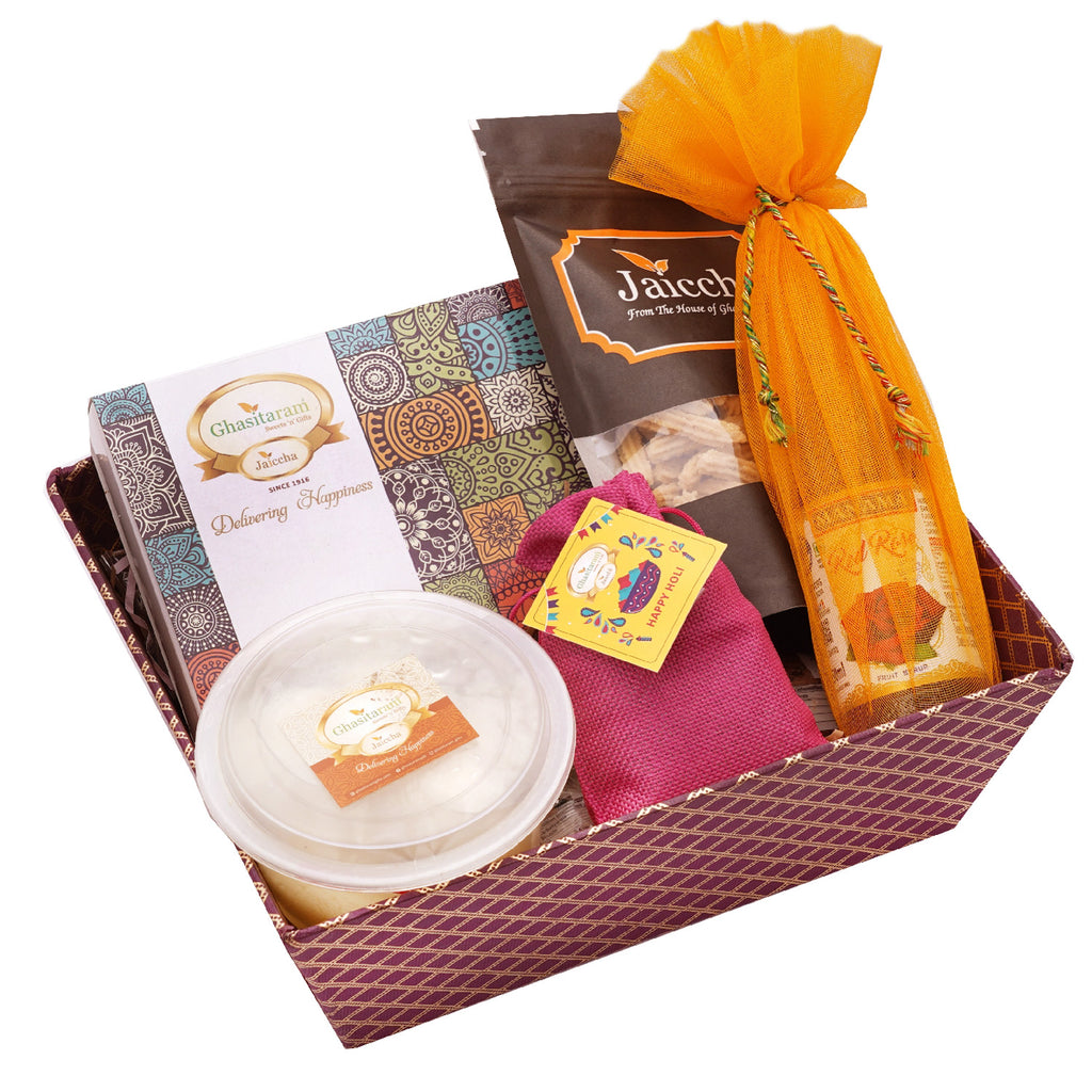 Mothers Day Gifts-Perfect basket of gujiyas, rasgulla, sharbat, thandai and butter chakli pouch