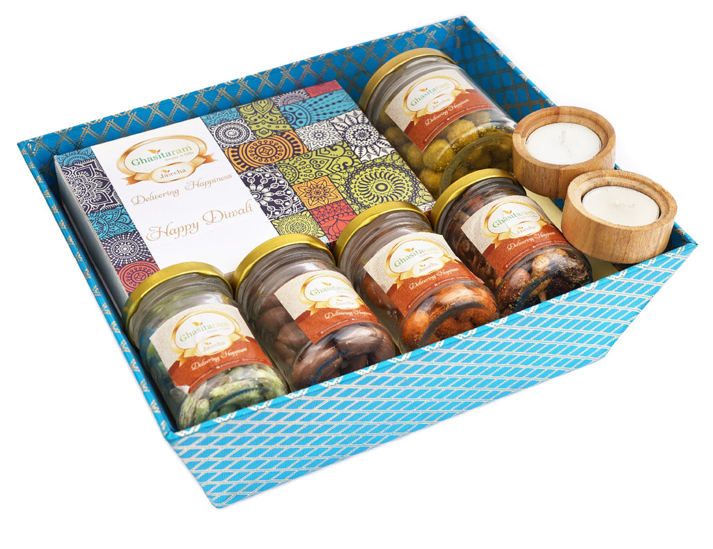 Mothers Day Gift-Perfect Basket of Assorted Bites, Nuts and Wooden T-lites