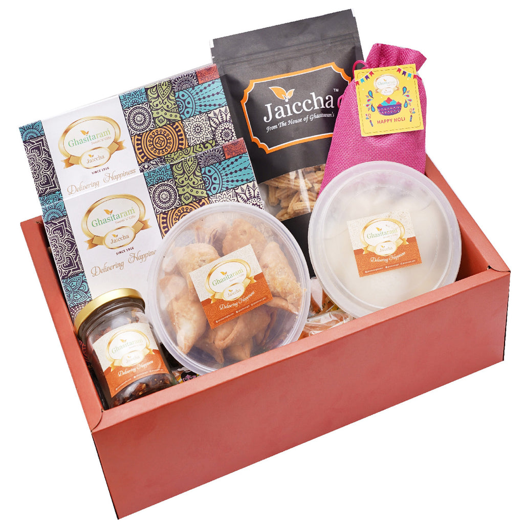 Mothers Day Gifts-Rust Hamper Box of assorted Gujiyas, Thandai, Rasgulla, Banarsi Paan, Butter Chakli and Farsan Samosa