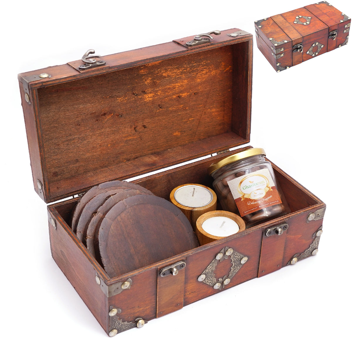 Mothers Day Gift-Vintage Wooden box containing 4 Coasters, 2 Wooden Long T-lites and Chocolate Coated Almonds Jar