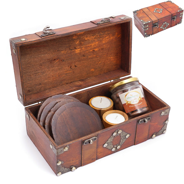 Mothers Day Gift-Vintage Wooden box containing 4 Coasters, 2 Wooden Long T-lites and Chocolate Coated Almonds Jar
