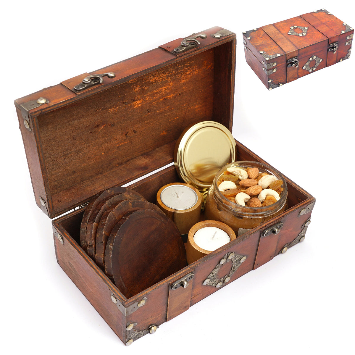 Mothers Day Gift-Vintage Wooden box containing 4 Coasters, 2 Wooden long T-lites and Dryfruit Halwa Jar