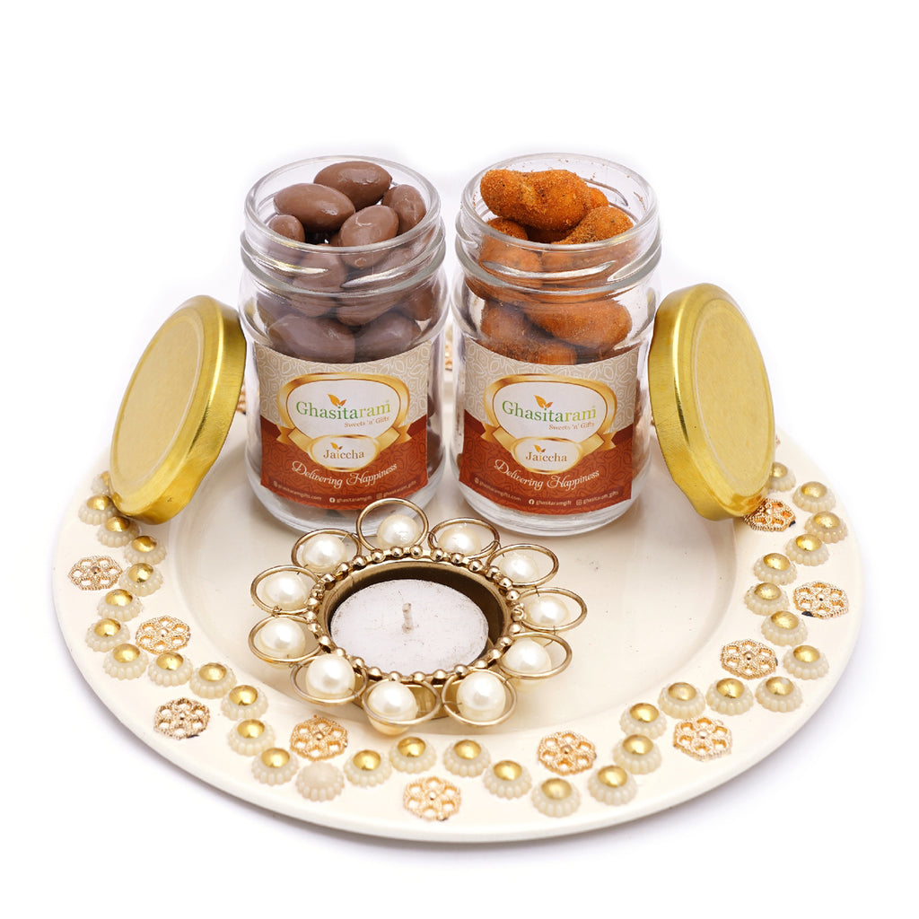 Mothers Day Gift-White Metal Thali with T-lite, Chocolate Coated Almonds Jar and Crunchy Coated Cashew Jar