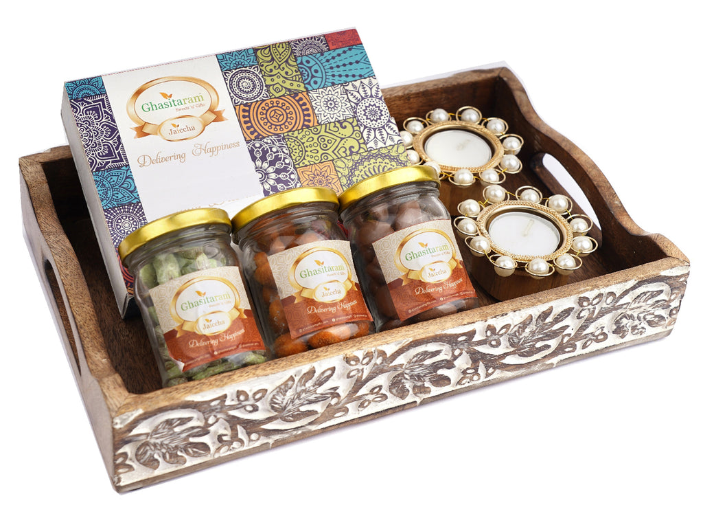 Mothers Day Gift-Wooden Serving Tray with Assorted bites, Paan Raisins, Crunchy Coated Cashews, Chocolate Coated Almonds and T-lites