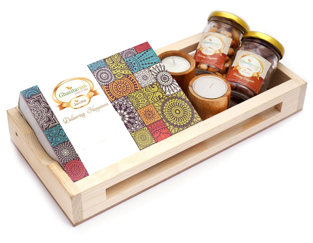 Mothers Day Gift-Natural Wood Big Tray with Assorted Bites Box , 2 Wooden Long T-Lites, Roasted Cashew and Chocolate Coated Almonds