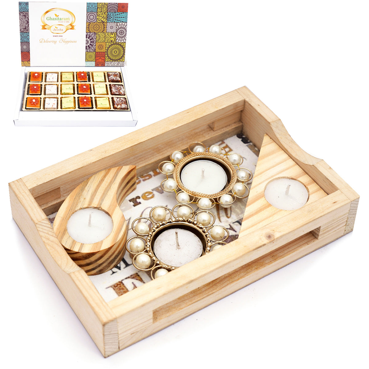 Mothers Day Gift-Natural Wood Tray with 4 T-Lites and Assorted Bites Box 18 Pcs