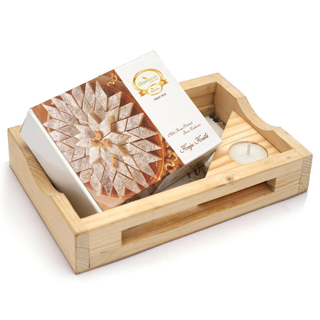 Mothers Day Gift-Natural Wood Tray with Kaju Katli Box and Triangle T-Lite