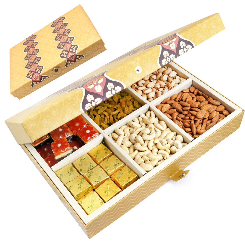 Mothers Day Gifts-Golden 6 Part Box with Dryfruits and Assorted Bites 900 gms