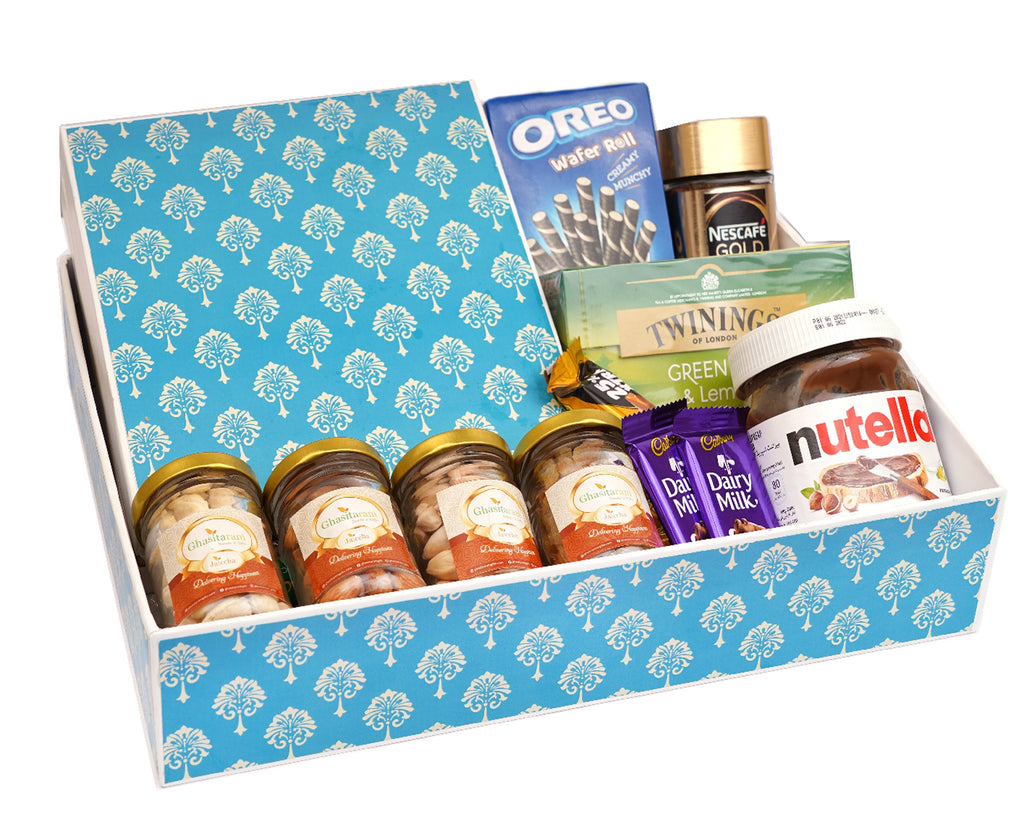 Mothers Day Gifts-Blue Hamper Tray of 13 Goodies with Dryfruits