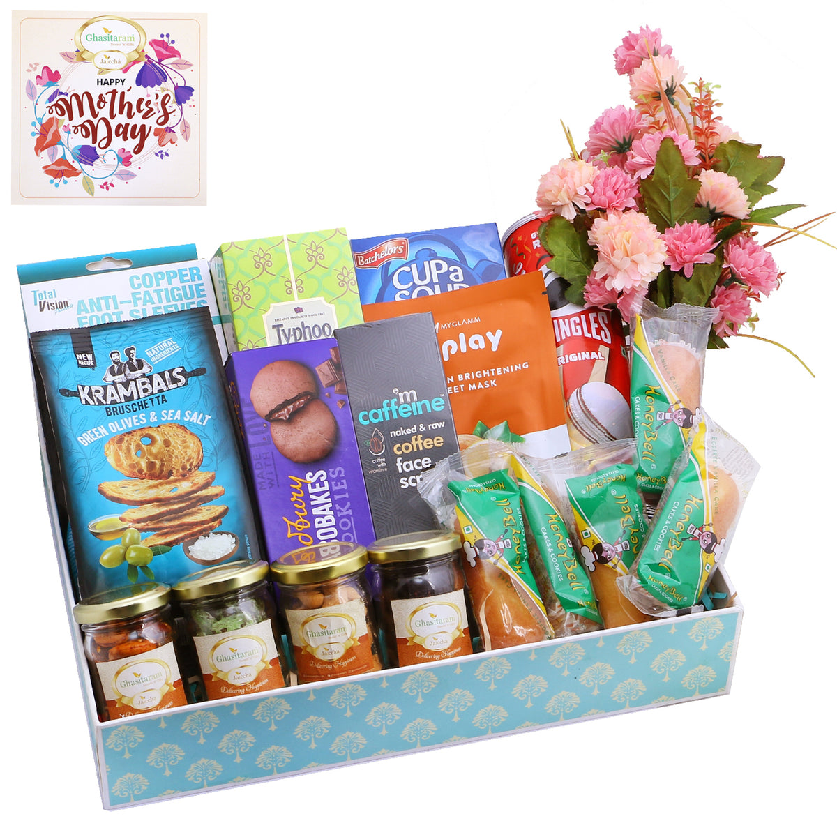 Mothers Day Blue Hamper Tray with Flowers