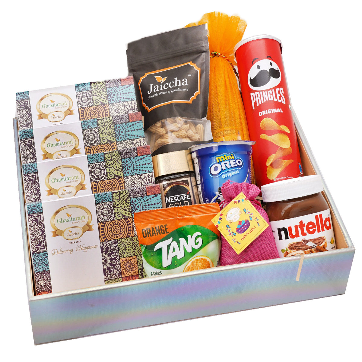 Mothers Day Gifts-Colourful Hamper Basket of 12 Holi Goodies