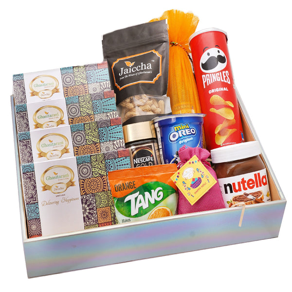 Mothers Day Gifts-Colourful Hamper Basket of 12 Holi Goodies