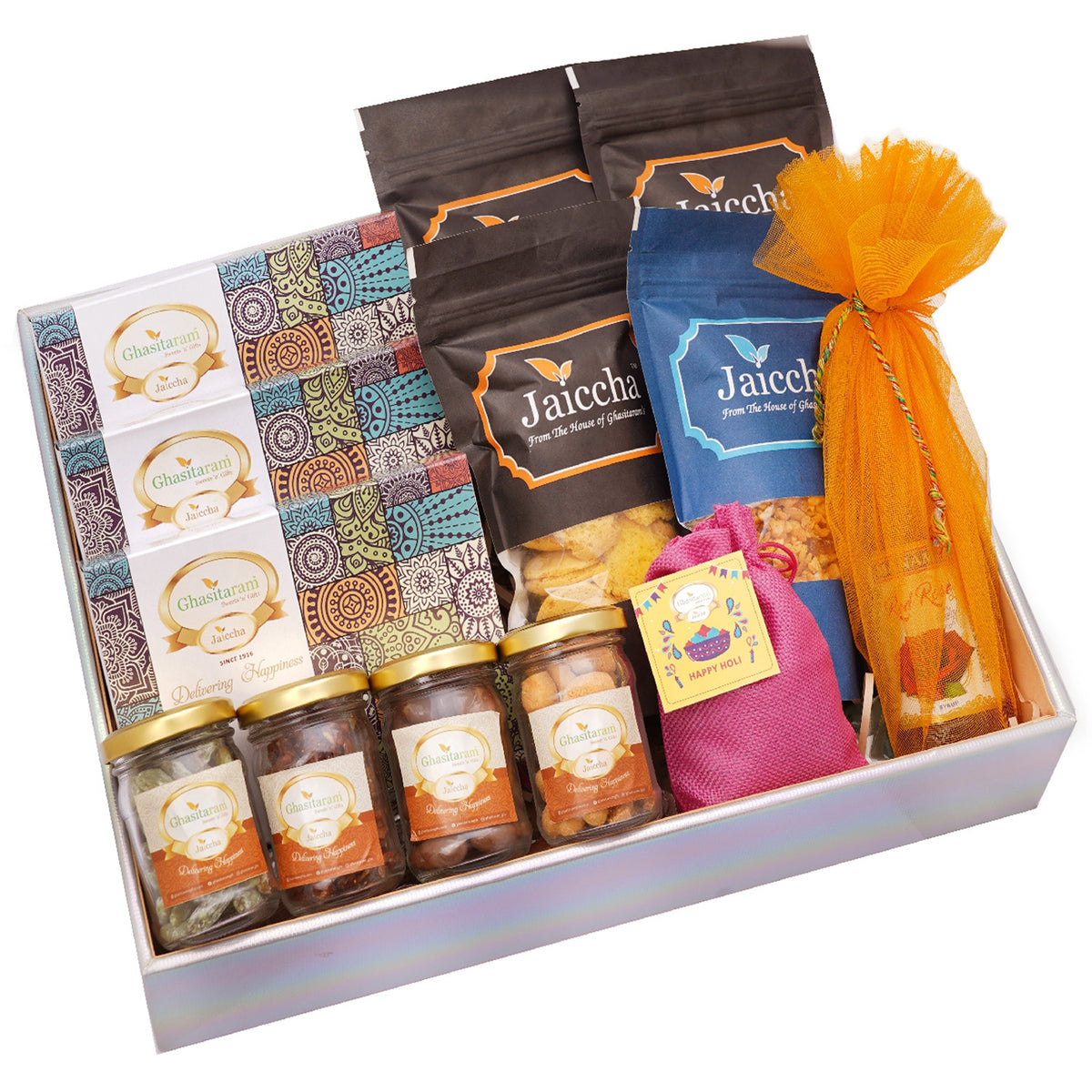 Mothers Day Gifts-Colourful Hamper Basket of 13 Holi Goodies