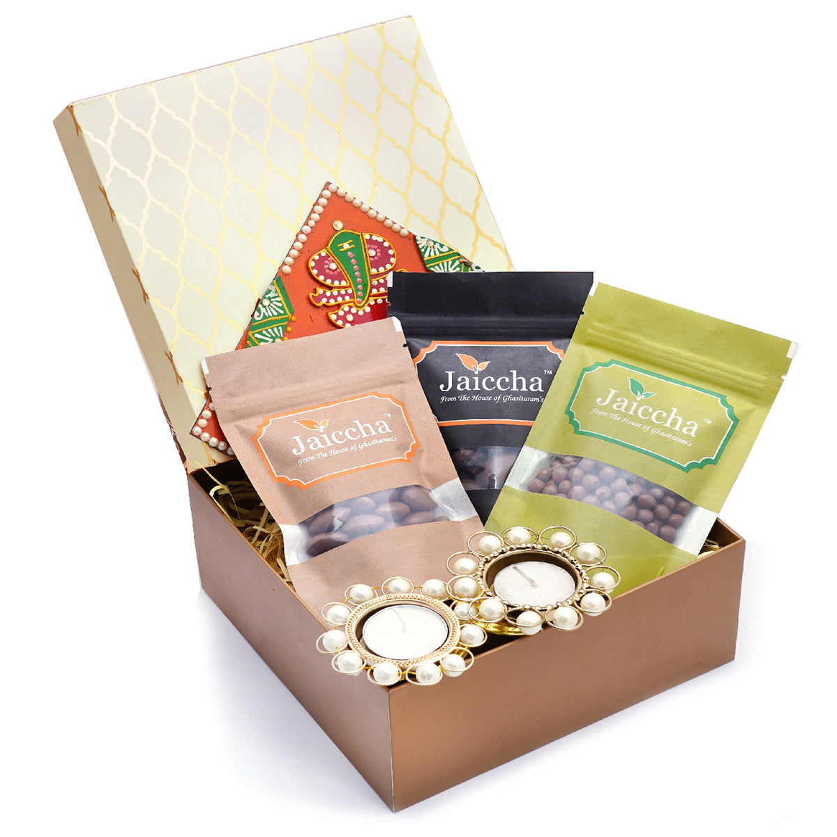 Mothers Day Gifts-Golden Hamper Box of Chocoate Coated Almonds, Chocolate coated Cashews, Chocolate Coated Raisins, Pooja Thal and 2 T-lites