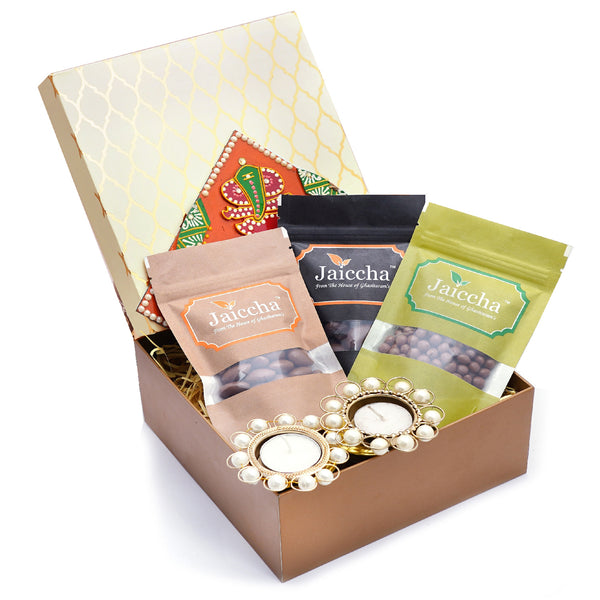 Mothers Day Gifts-Golden Hamper Box of Chocoate Coated Almonds, Chocolate coated Cashews, Chocolate Coated Raisins, Pooja Thal and 2 T-lites