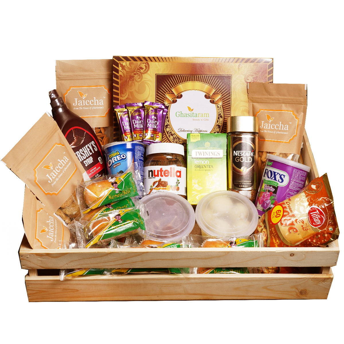 Mothers Day Gifts-Jumbo Wooden Basket of 31 Goodies with Gujiyas