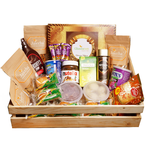 Mothers Day Gifts-Jumbo Wooden Basket of 31 Goodies with Gujiyas