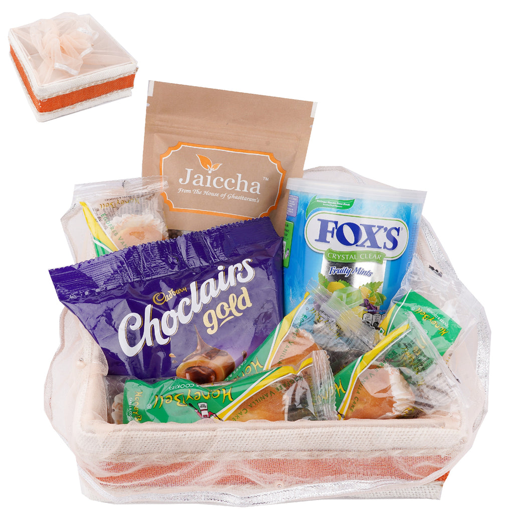 Mothers Day Gifts-Shaded Jute Potli with Rice Crispies, Chocolairs, Foxs and Honey Bell 