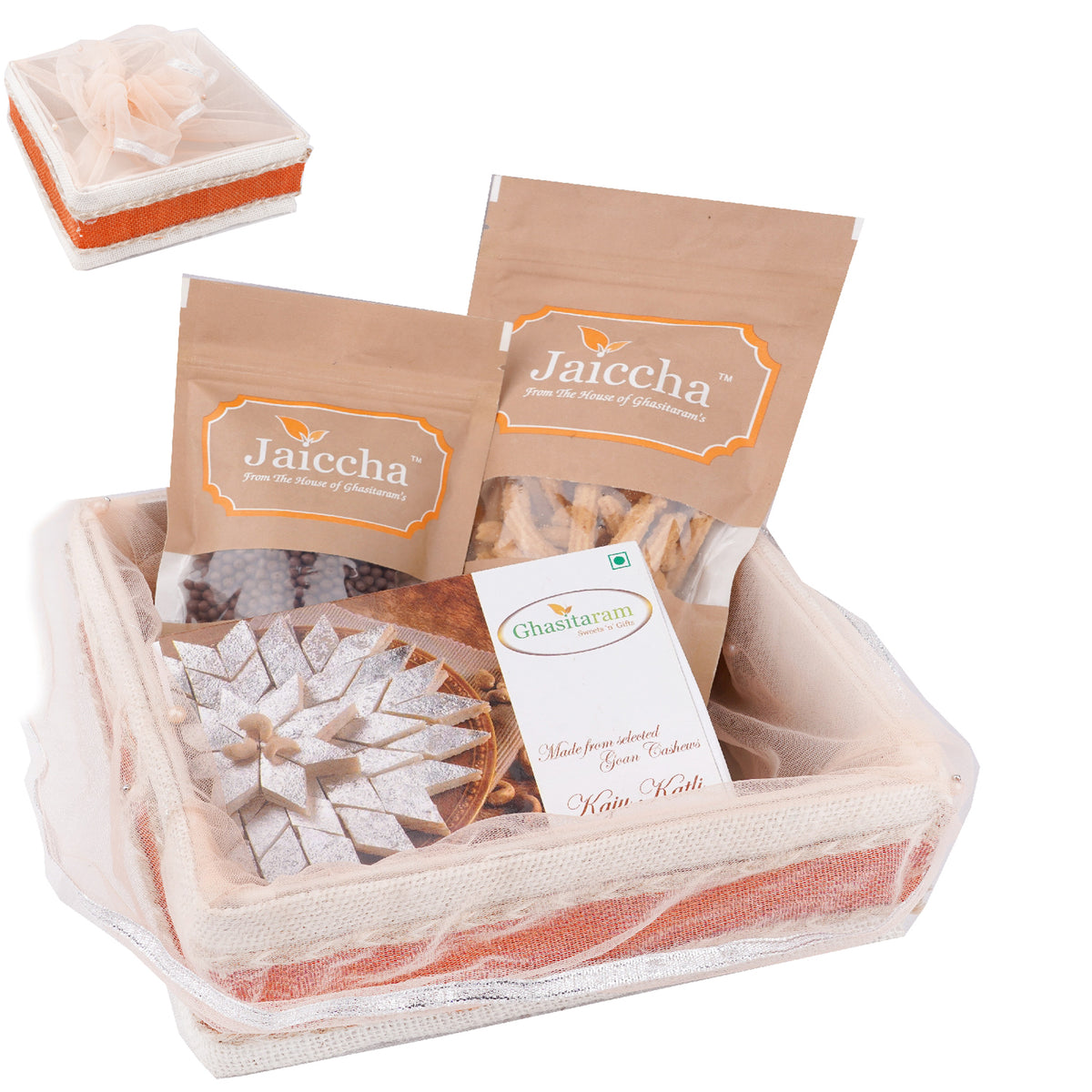 Mothers Day Gifts-Shaded Jute Potli with Butter Chakli, Rice Crispies and Kaju Katli 